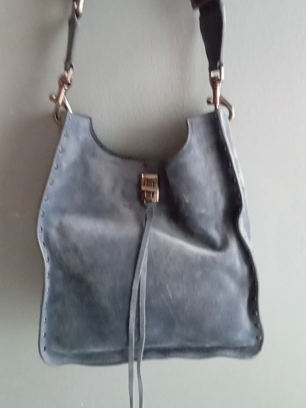 Rebecca Minkoff‎ Navy Blue Suede Studded Hobo Crossbody Bag with Guitar Strap